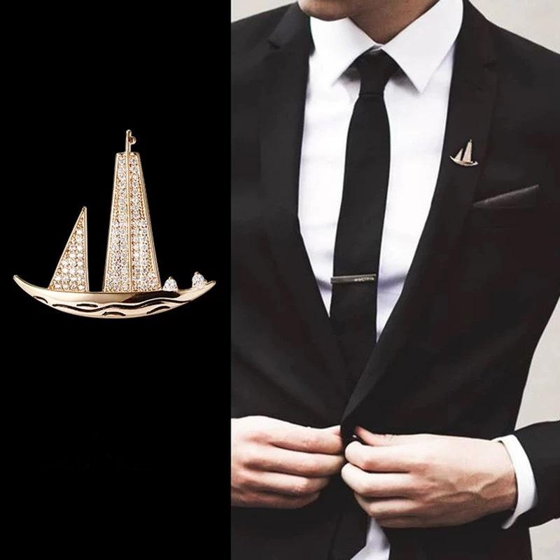 Men's Smooth Sailing Sailboat Zircon Brooch: Elegant Suit Jacket Pin Accessory
