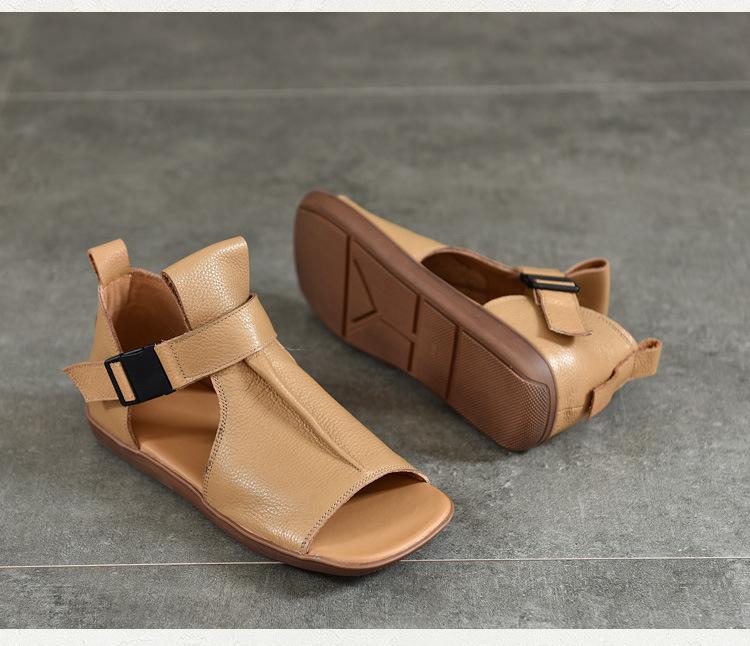 GKTINOO Peep Toe Flat Sandals 2025 Summer New Retro Genuine Leather Comfortable Soft Sole Belt Buckle Women's Shoes