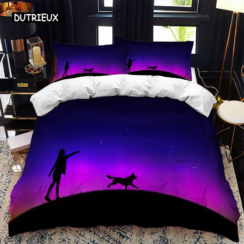 Tier Silhouette Bettbezug Set Heulen unter dem Mond Tier Thema Bettdeckenbezug für Kinder Jungen Mikrofaser King Twin Bettwäsche Set