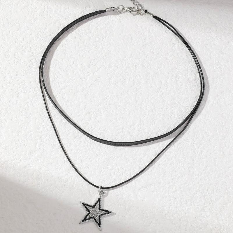 Niche Double Layer Leathers Rope Alloy Five-Pointed Star Necklace Female Hip-hop Cold Wind Long Sweater Neck Chain