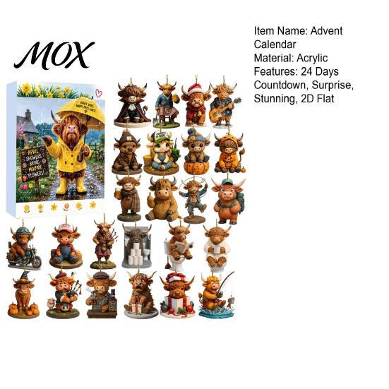 Acrylic Holiday Tree Decorations 2026 Highland Cow Advent Calendar, 2D Flat Festive Collectible Pendants Ornaments, 24 Days Christmas Countdown