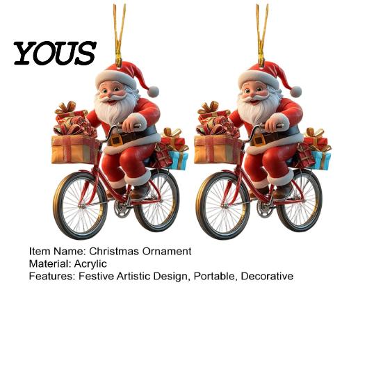 Small Festive Gift for Family 2Pcs Christmas Santa Riding Bicycle Acrylic Hanging Ornament, Car Exquisite Holiday Party Favors Interior Rearview