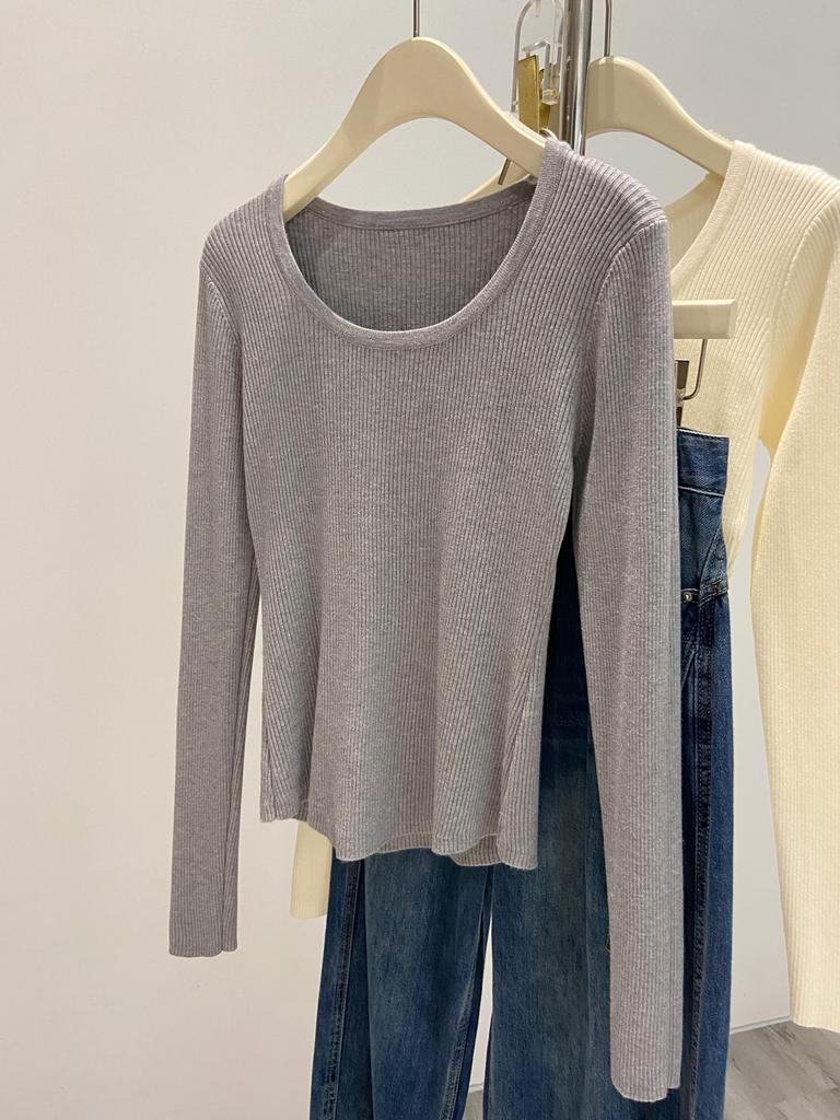 Retro u-neck knitted sweater bottoming sweater women's autumn and winter soft waxy long-sleeved front shoulder slim-fitting and thin inner top