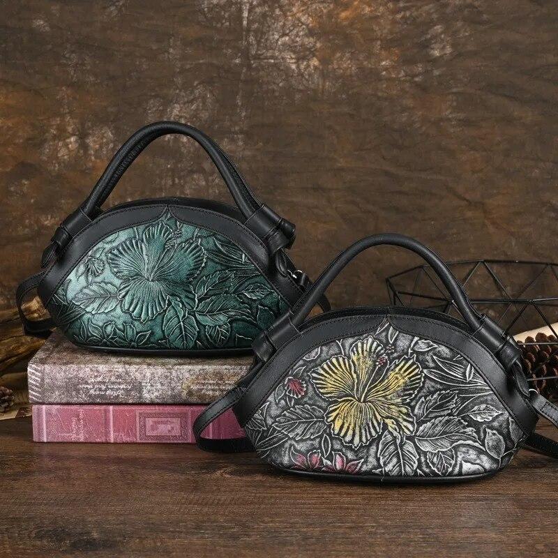 Johnature Retro ručně malovaná pravá kůže embosovaná dámská taška Univerzální tašky přes rameno a crossbody z hovězí kůže