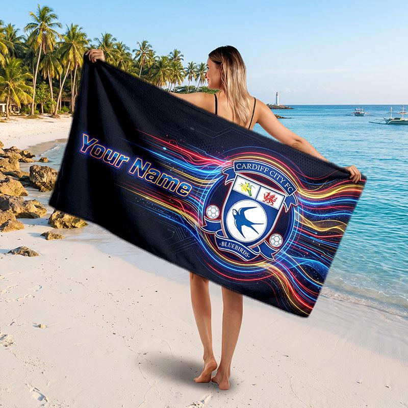 Cardiff City Custom Beach Towel, Personalized Name Text Print, Football Logo Soft Quick‑Dry Towel Holiday Gift