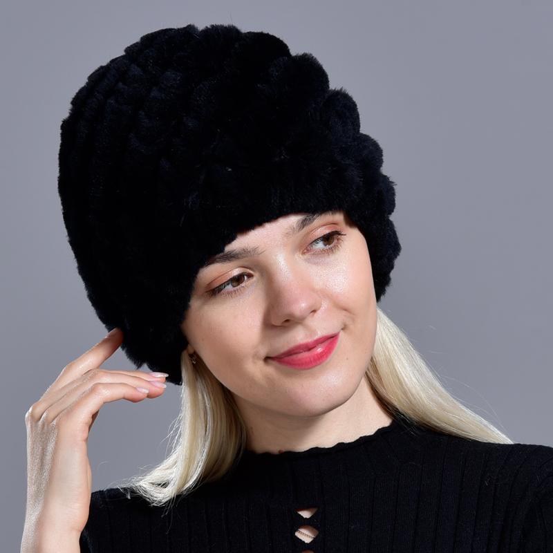 New Warm Real Fur Hat Winter Women Rex Rabbit Fur Thick Double Layer Lining Outdoor Women Beanie Cap Pineapple Round Hats