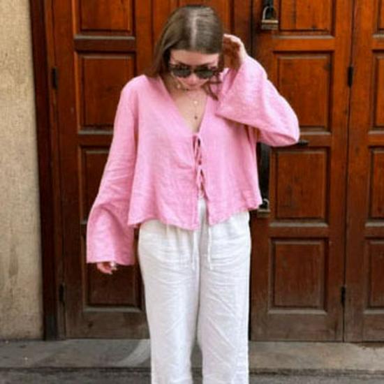 Spring/Summer Trendy Deep V Trumpet Sleeve Tie Top - European & American Women's Fashion