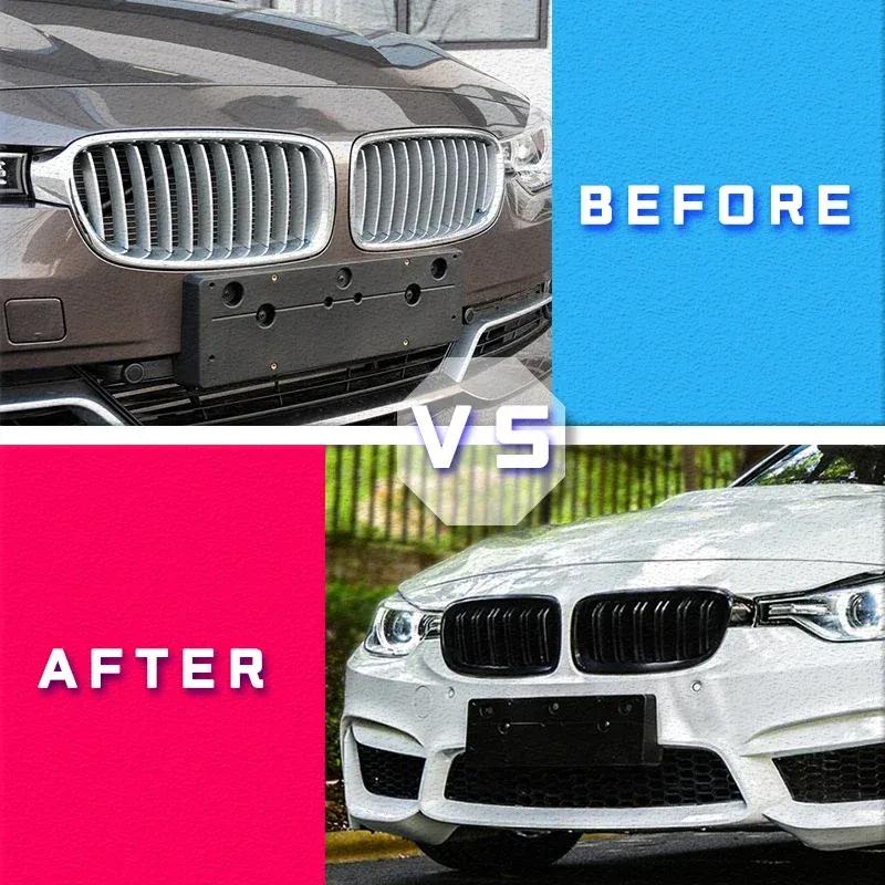 F30 Grill, Front Hood Kidney Grille For-BMW 3 Series F30 F31 F35 2013- (Double Slat Matt Black Grill, 2-Pc Set)