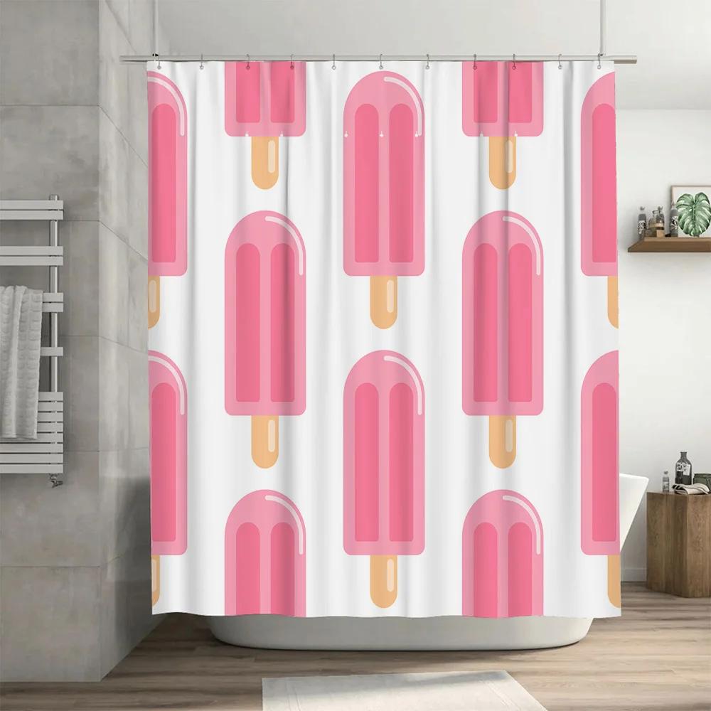 Pink Ice Cream Print Shower Curtain Waterproof Home Bathroom Decor for Kids Bathrooms One Size (White)