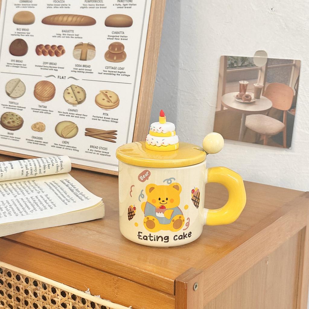 Cartoon Cute Bear Birthday Gift Ceramic Cup with Cover for Girls High Looking Home Mug Couple Souvenir