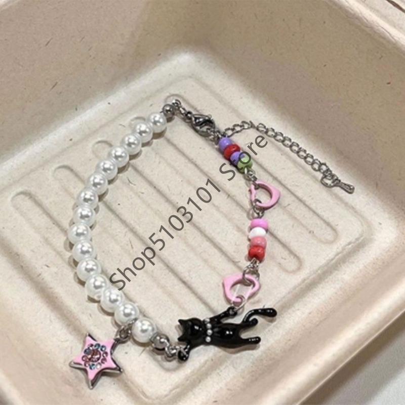X6HE Unique Black Cats Star Pearls Bracelet Adjustable Length Y2K Inspired Pearls Charm Wrist Chain Jewelry For Teen Girls