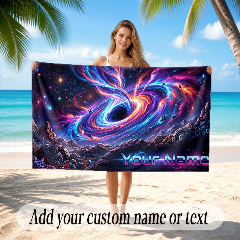Space Cosmic Theme Soft Beach Towel Personalized Custom Name Text Towel Portable for Beach Pool Travel