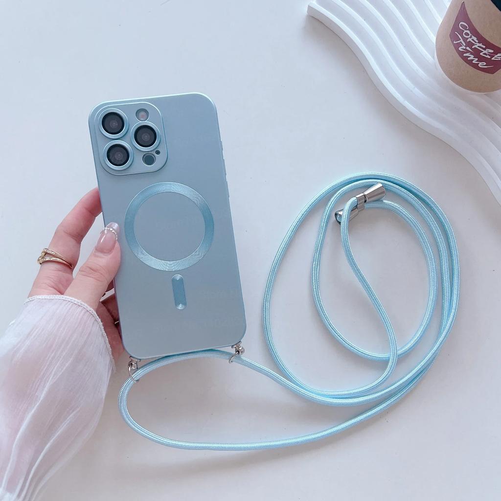 Fashion Magnetic Phone Case for IPhone 17 16 15 14 Plus 13 12 Pro Max with Crossbody Strap Shockproof Matte Lanyard Rope Cover