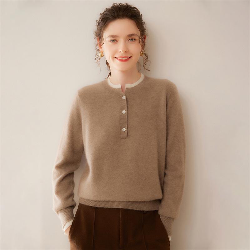 Lekasha Women's Cashmere Color Block Two-in-One Round Neck Long Sleeve Sweater