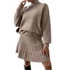 2024 Autumn Women's Solid Color Semi-High Neck Knitted Top and Pleated Skirt Set