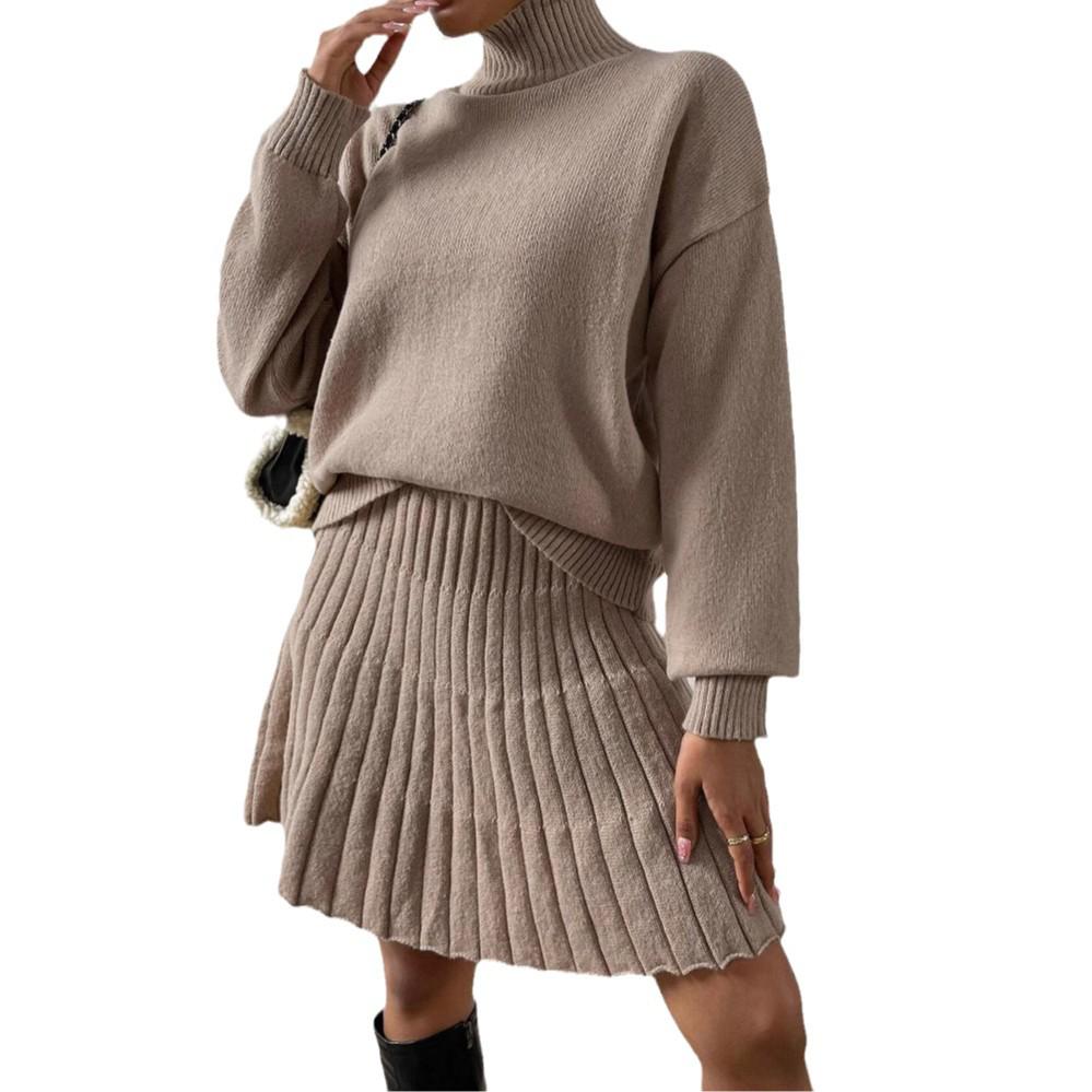 2024 Autumn Women's Solid Color Semi-High Neck Knitted Top and Pleated Skirt Set