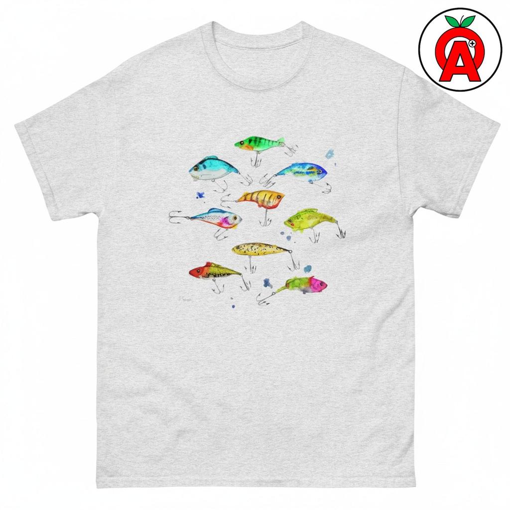 Fishing Lures T-Shirt, Fish Graphic Shirt, Angler Classic TShirt, Watercolor Casual Top, Vintage Crew Neck Tee, Tackle Unisex Shirt