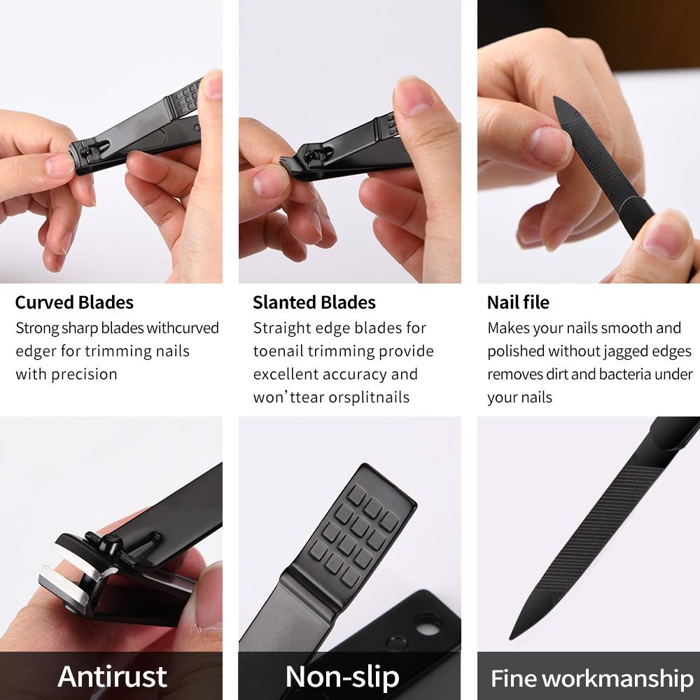 HongStars Luxury Carbon Steel Nail Clippers Portable Set with 4pcs Black Nail Clippers Manicure Set Includes Nail File