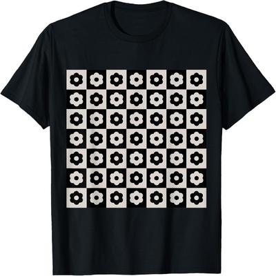 Aesthetic Cream and Black Flower Checker Retro Pattern T-Shirt
