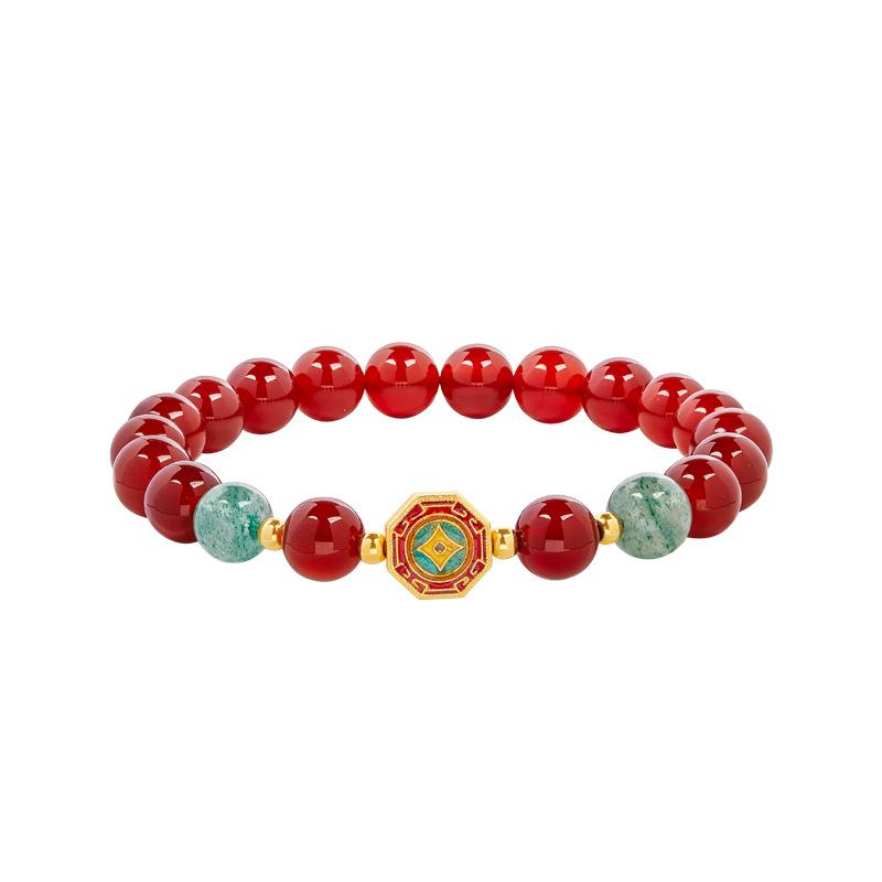 Red Agate & Green Strawberry Crystal Beaded Bracelet with S925 Sterling Silver and Enamel, Vintage Women's High-End Jewelry.