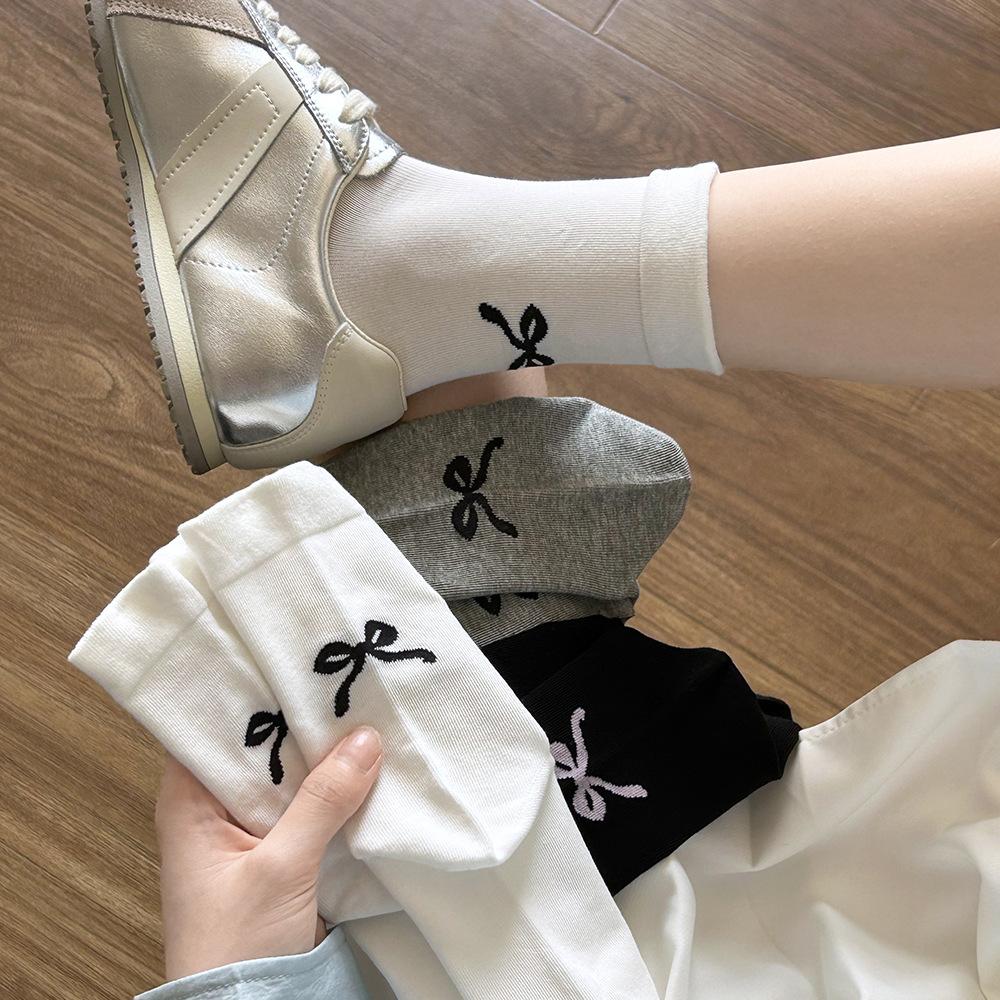 Women's Mid-calf Socks, Pure Cotton Antibacterial Autumn Bow Pile Socks, Ballet-style Boneless Solid Color Cotton Socks, Long Socks