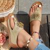 New European Large Size Flower Wedge Slippers Female Beauty Solid Color Retro Flip-flops Female