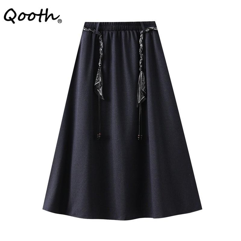 Qooth A Line Skirt Midi Length with Scarf Belt Korean Casual Style Heavyweight Fabric QT2736