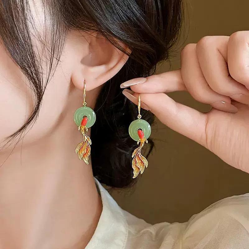 Steel Fun New China-Chic PingAn Buckle Koi Earrings Female Design Light Luxury Traditional Earrings Jewelry Accessories