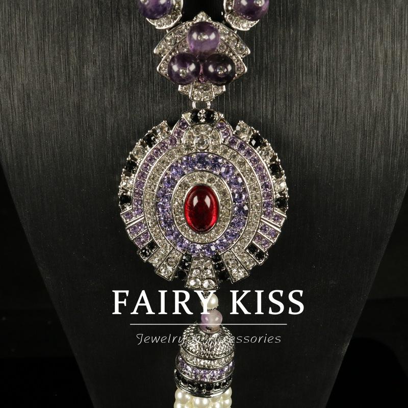 Sweeping Shoulder Purple Fringed Beaded Color Matching Earrings Necklace Set Versatile Classic Retro Accessories