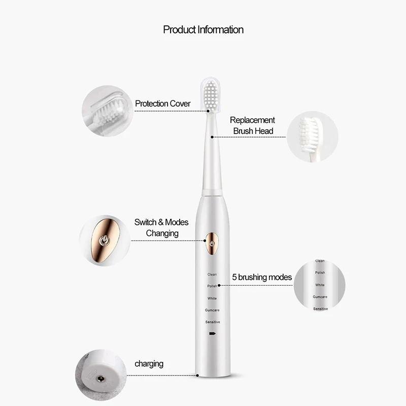 Electric Toothbrush For Rechargeable Tooth Brushes Washable Electronic Whitening Teeth Brush Timer Brush Whit Replace Clean Head