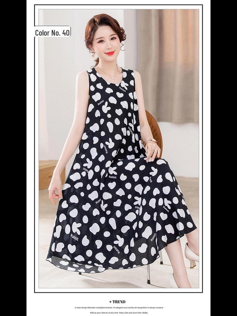 Sleeveless Silk Cotton Dress for Middle-Aged Mothers - Slim Fit, Large Size, Beach Dress for Summer