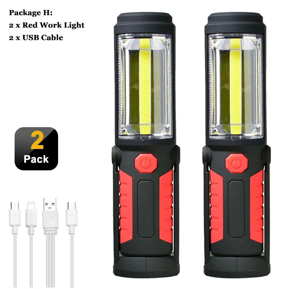 USB Rechargeable COB LED Flashlight Portable Work Light Magnetic Hook Torch Camping Lamp with Built-in Battery Car Repair Lamp