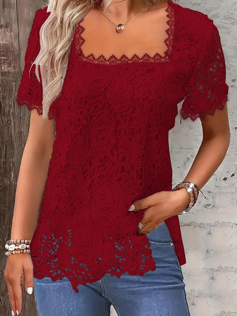 Lace Blouse Tee Shirt Women Vintage Top Solid Full Sleeve Square Collar Streetwear Ladies Casual Spring Summer Basic Tops