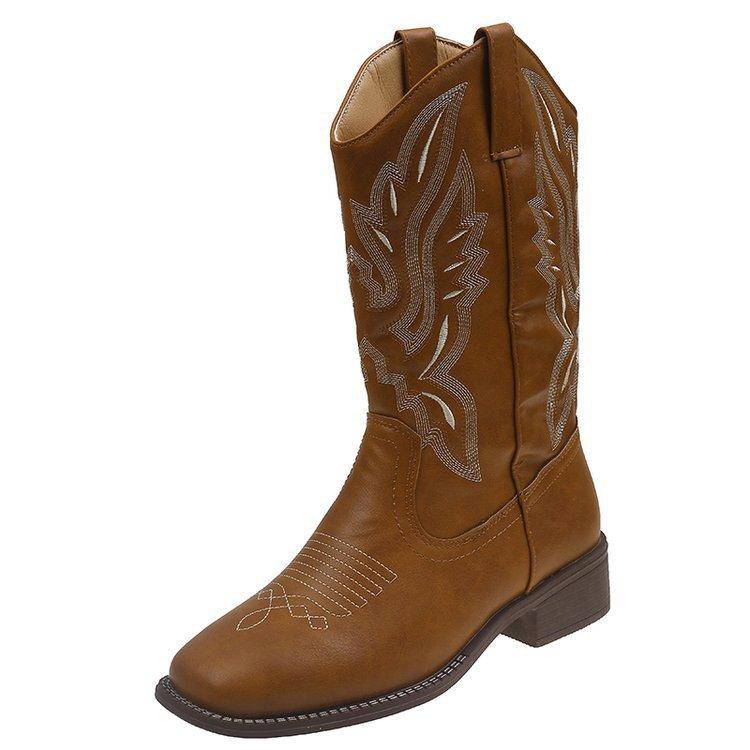 Boots Retro Embroidery Knight Boots Women He Sui Tong V Mouth Mid-Calf Boots Long Boots