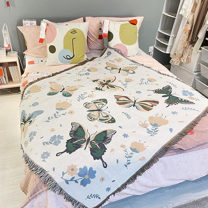 Double-Sided Cotton Woven Throw Blanket with Tassel Jungle Bohemian Style Tapestry Shawl Multi-Function Decorative Throws for Sofa Bed Armchair