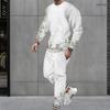 Men Plus Size Floral Printed Two Piece Pants Set Round Neck Long Sleeve Top Cuffed White Pants