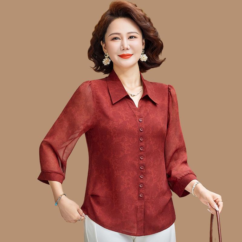 

Chiffon Blouse for Middle-Aged Women - Stylish Three-Quarter Sleeve Spring/Summer Shirt 2XL 105-120 lbs красный