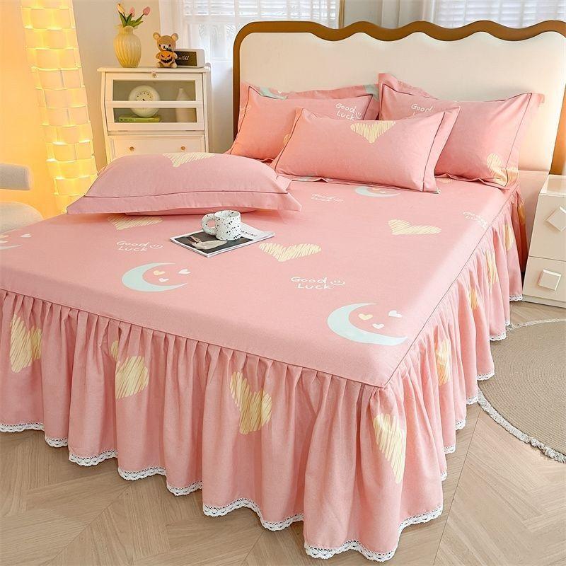3pcs Printing Ruffled Edge Soft Comfortable Breathable Bed Skirt Set All-season Availability,  Mattress Cover, Printing Bedding Set, for Bedroom