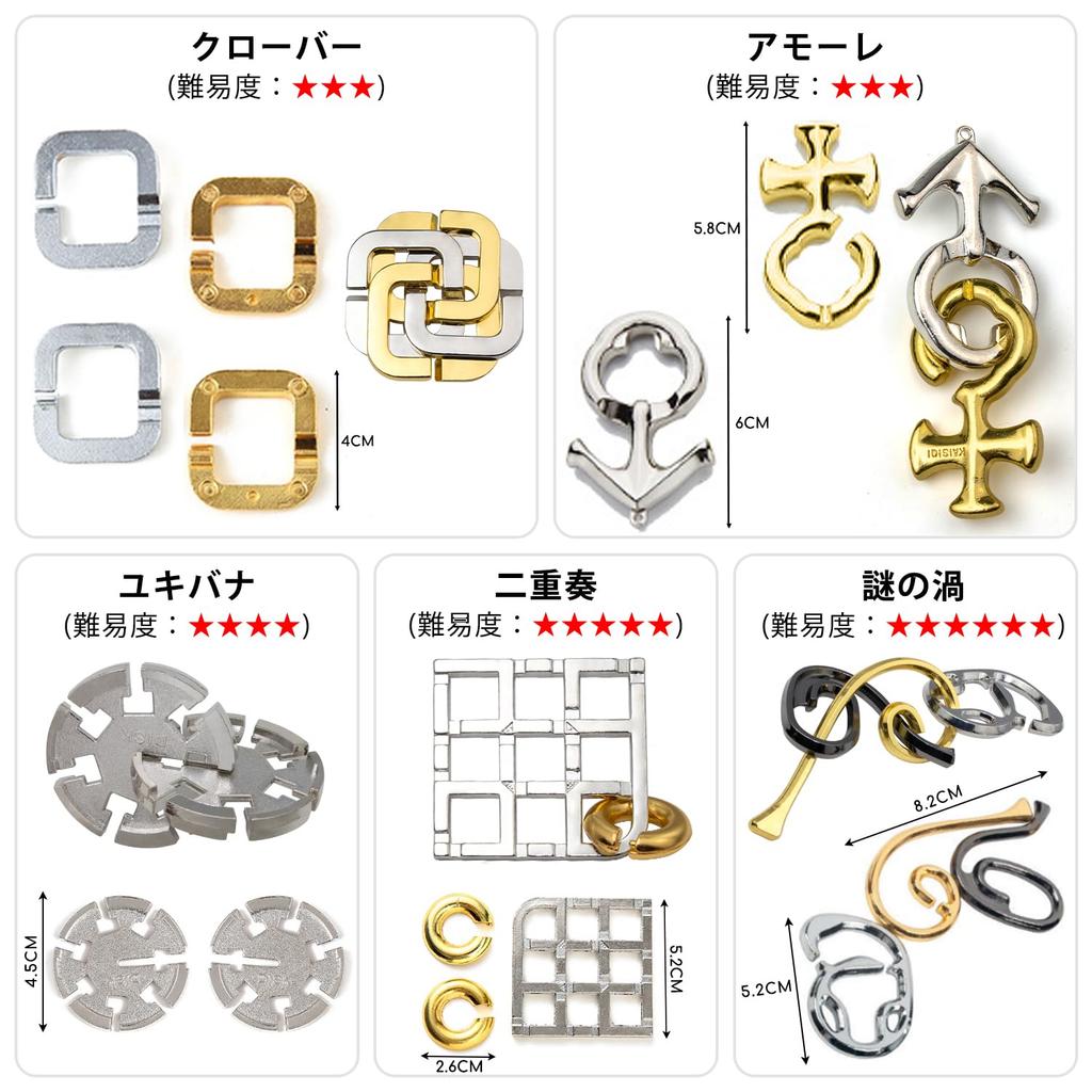 HUAZONTOM Brain Teaser Rings, 5-Piece Set, Difficulty Levels 6-3, Ring Puzzle, Brain Teaser Toy for Adults and Children, Mystery Solving, Time