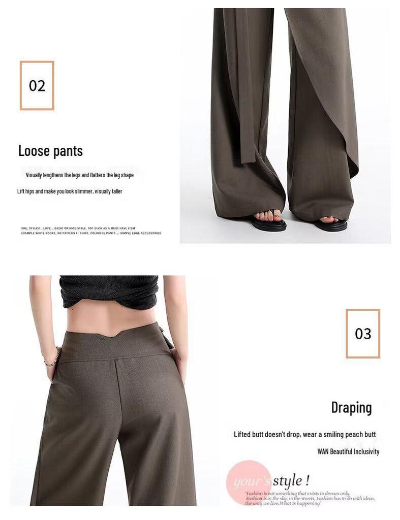 Women's Brown-Gray Wide-Leg Pants with Flowing Ribbons, 2026 New Style, Slimming, Good Drape, Casual Straight-Leg Suit Pants.