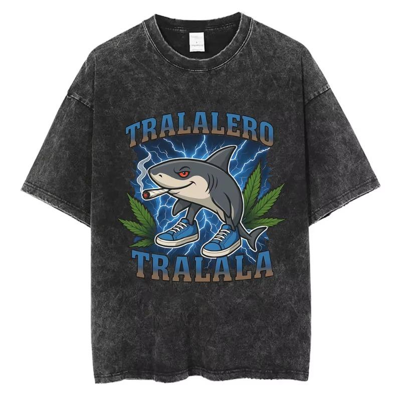 Bombardiro Crocodilo Crocodile Plane Bomber Funny Meme Washed Vintage T-shirt Men Women Casual Italian Brainrot Humor Style Tees