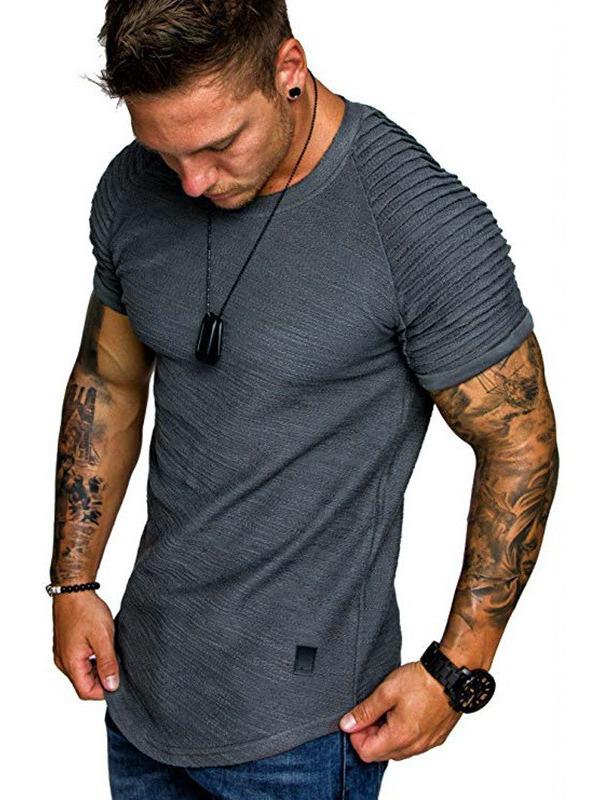 European & American Men's Slim Fit Crew Neck Pleated T-Shirt - Solid Color, Casual Short Sleeve