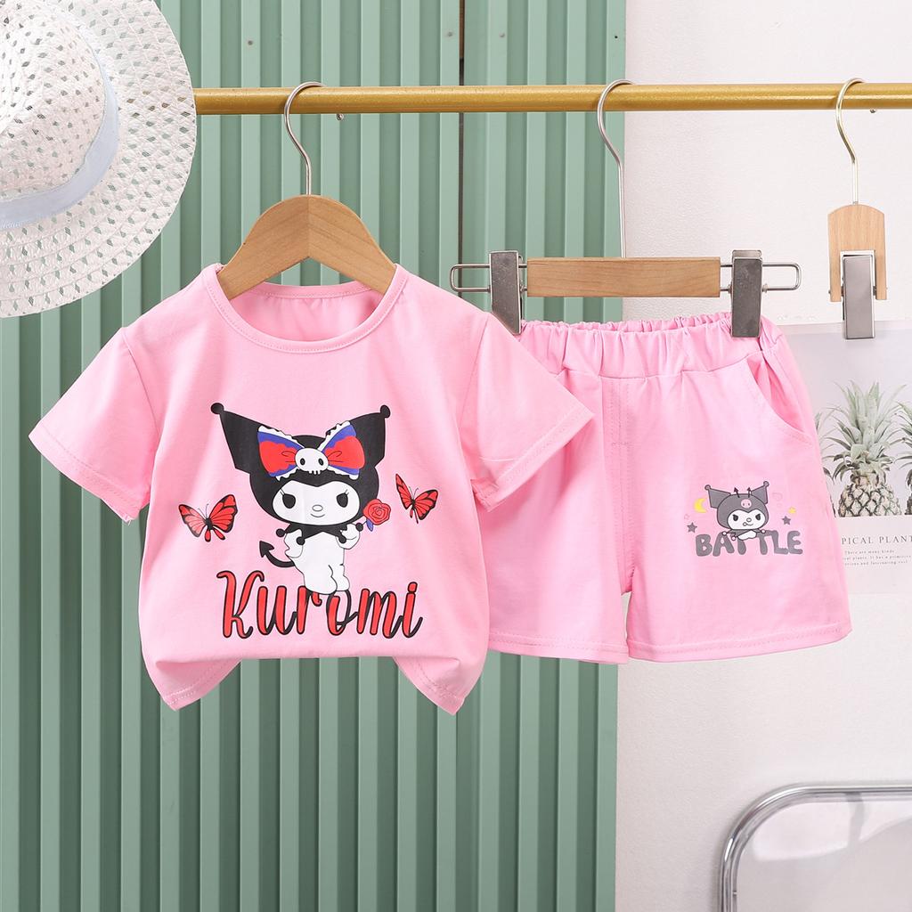 Girls Summer Korean Cartoon Print Loose T Shirt And Shorts Set Fashionable Casual Two Piece Outfit For Kids