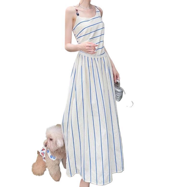 Women's Slim Fit A-line Summer Dress - French Stripe, Contrasting Colors, Elegant Waist Cinched Design