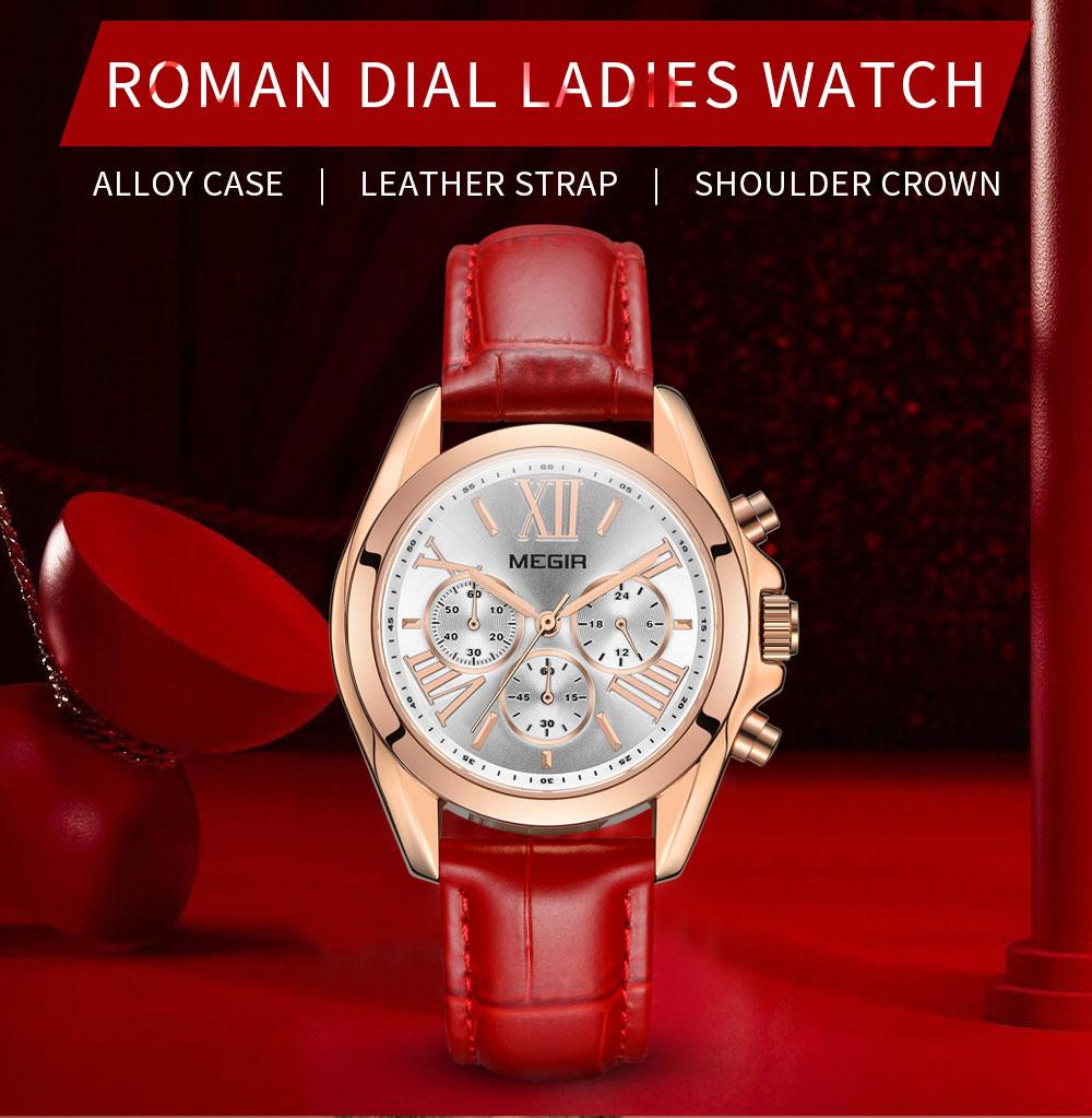 Megir 2114 Luxury Red Color Leather Band Material Water Resistant Factory Watch Women's Female Quartz Wristwatch Women Relogio