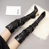 Winter Women's 10cm Stiletto Pointed Pleated Leather Boots Black White Heeled Over The Knee Boots Side Zipper Women Shoes 35-42
