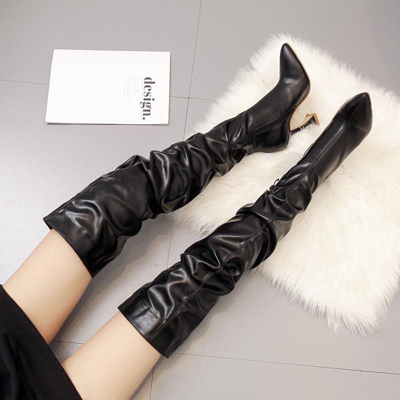 Winter Women's 10cm Stiletto Pointed Pleated Leather Boots Black White Heeled Over The Knee Boots Side Zipper Women Shoes 35-42