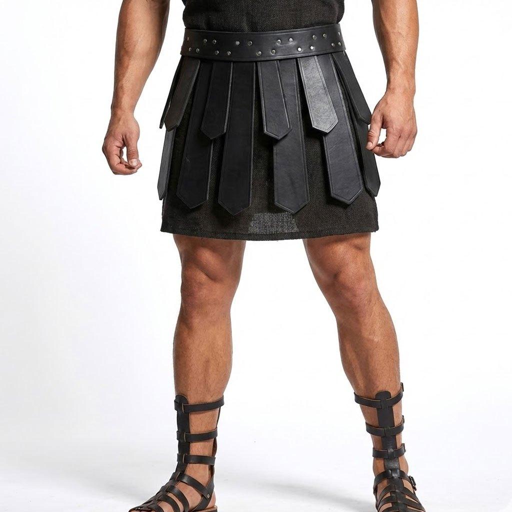 Mens Leather Gladiator Armor Skirt Set with Shoulder Guard – Roman Spartan Warrior Battle Costume – Medieval Knight Outfit