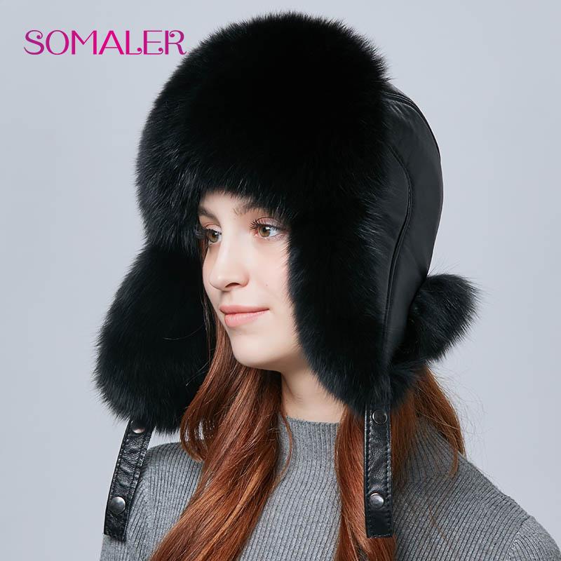 SOMALER Real Fox Fur Hat Earflap Thick Warm Winter Hats For Women Russian Bomber Hats Genuine Leather Caps