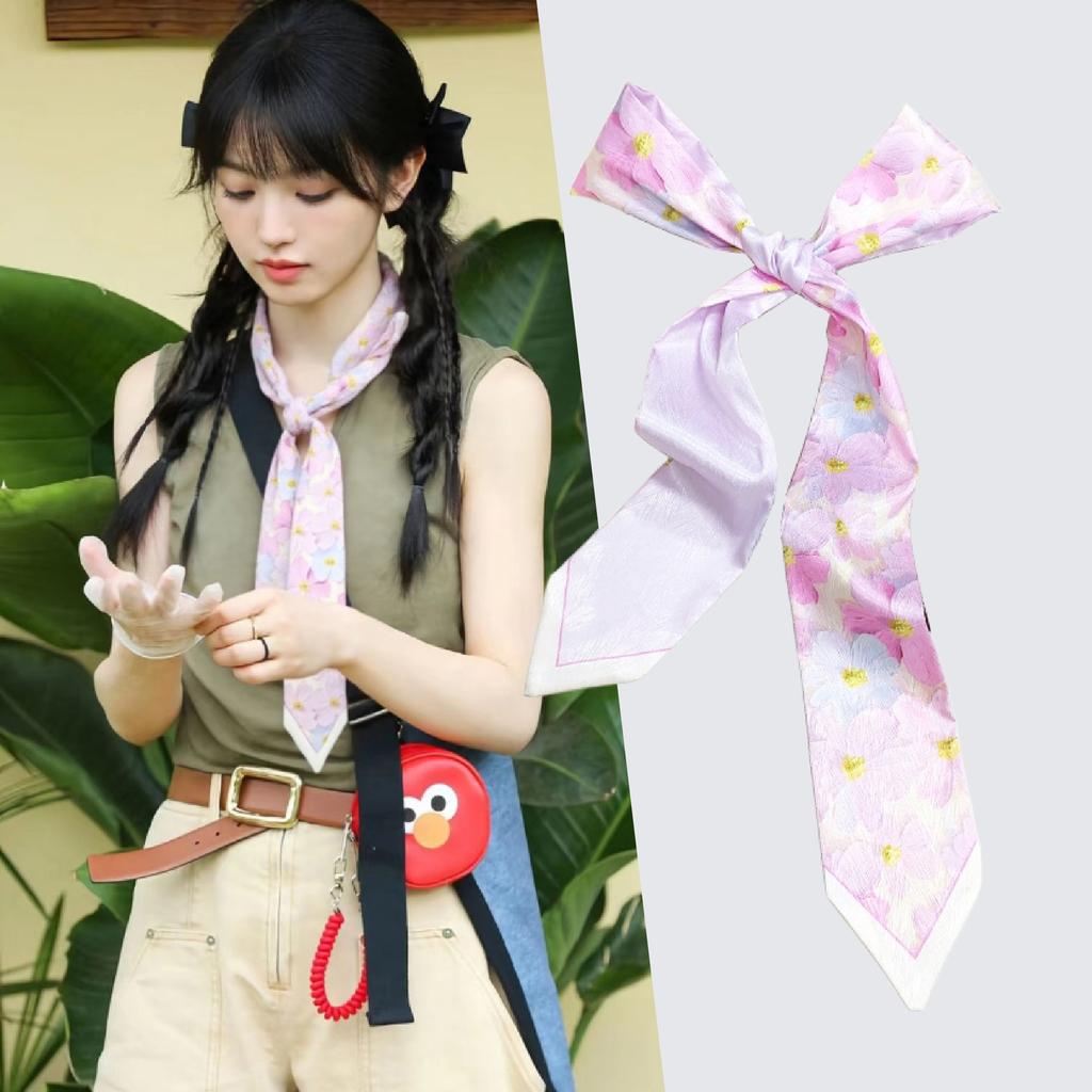 French green small long narrow silk scarf women's spring and autumn pointed corner tied bag ribbon braided hair band headgear scarf streamer belt
